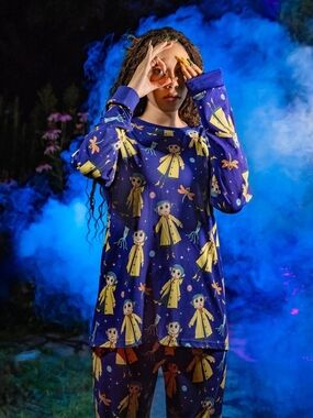 Coraline Pajama Set Cakeworthy Blue Print Long Sleeve Top & Pants Sleepwear Size